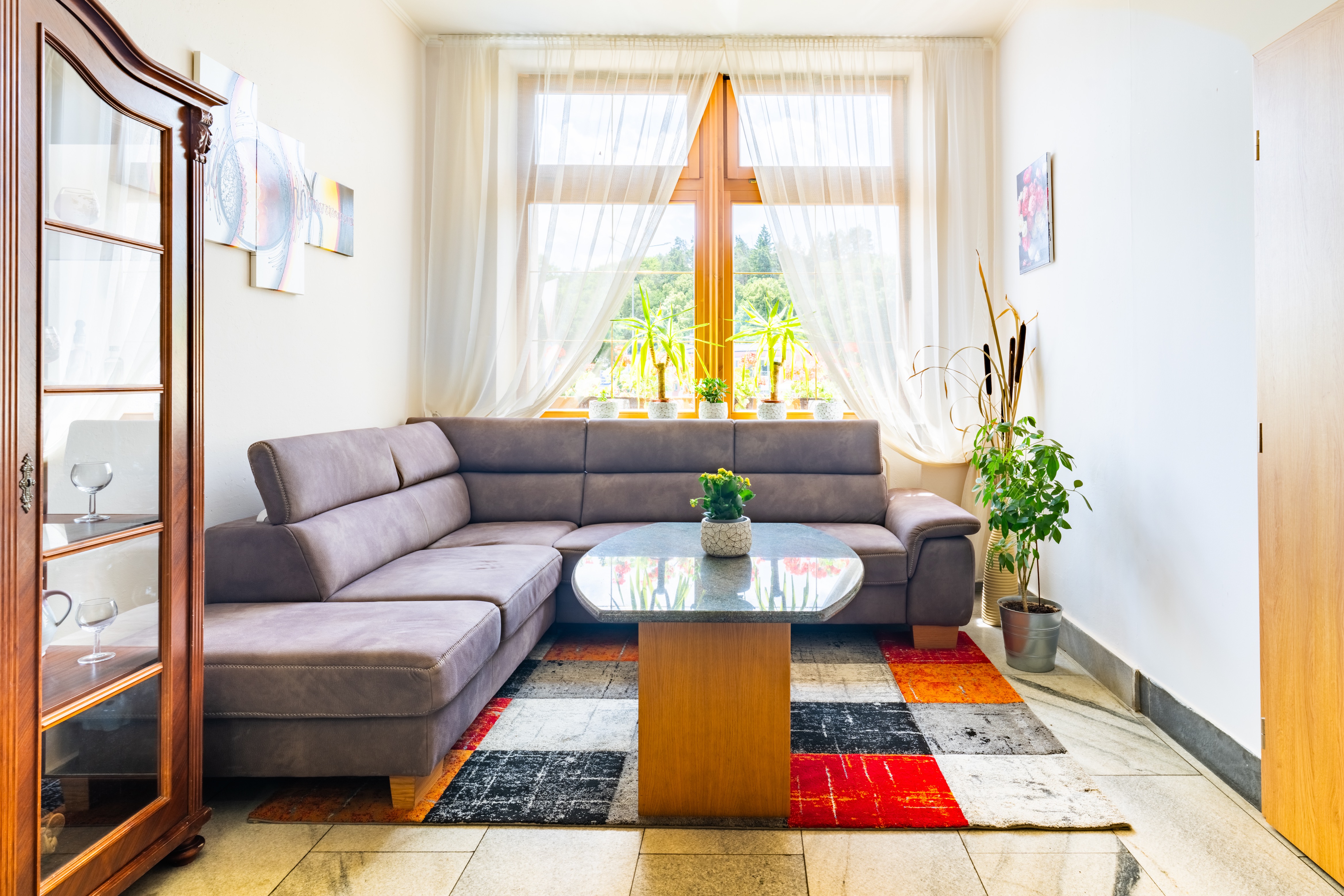 Bright living room with a gray sectional sofa, colorful patchwork rug, wooden coffee table with a small potted plant, and large window with sheer white curtains.
