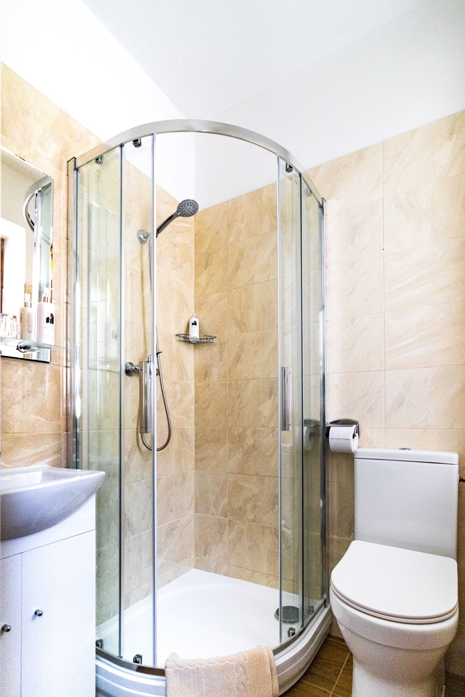 Compact bathroom with curved glass shower enclosure, white toilet, and sink vanity with mirror.